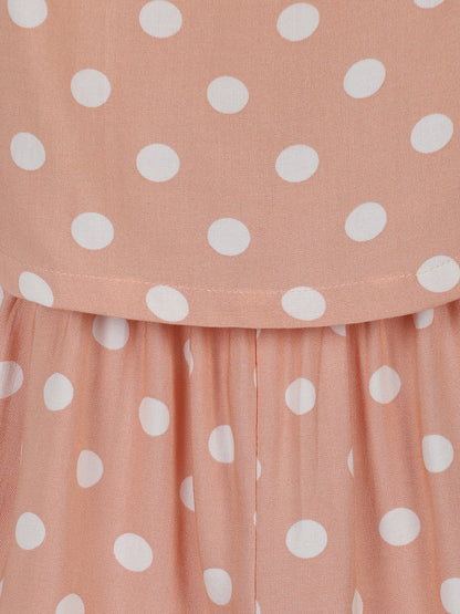 Plum Tree Girls Polka  Printed Ruffled Jumpsuit-PEACH