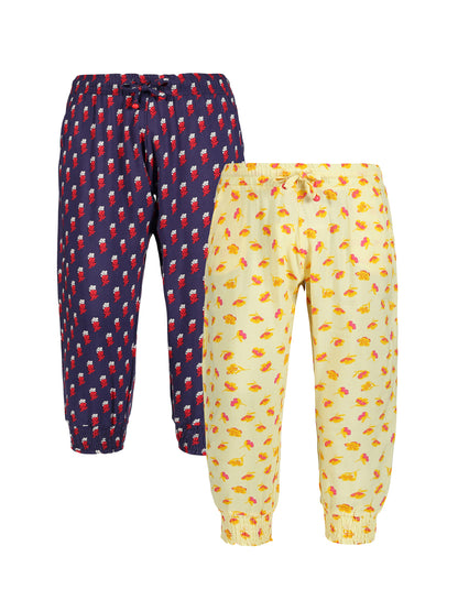 Plum Tree Girls Leaf Print Rayon Pant  ( Pack of 2)-NAVY AOP YELLOW AOP