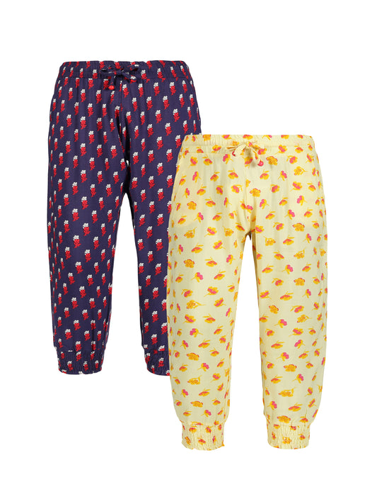 Plum Tree Girls Leaf Print Rayon Pant  ( Pack of 2)-NAVY AOP YELLOW AOP
