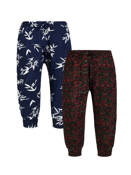 Plum Tree Girls Flower Print Rayon Pant  ( Pack of 2)-BLACK AOP NAVY AOP