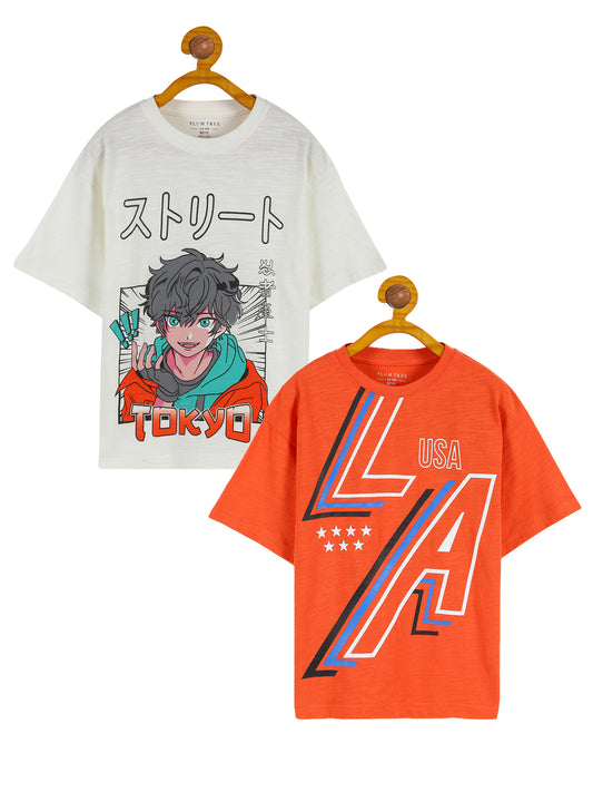 Plum Tree Boys Half Sleeve Tokyo Print T-shirt( Pack of 2)-OFF WHITE RED