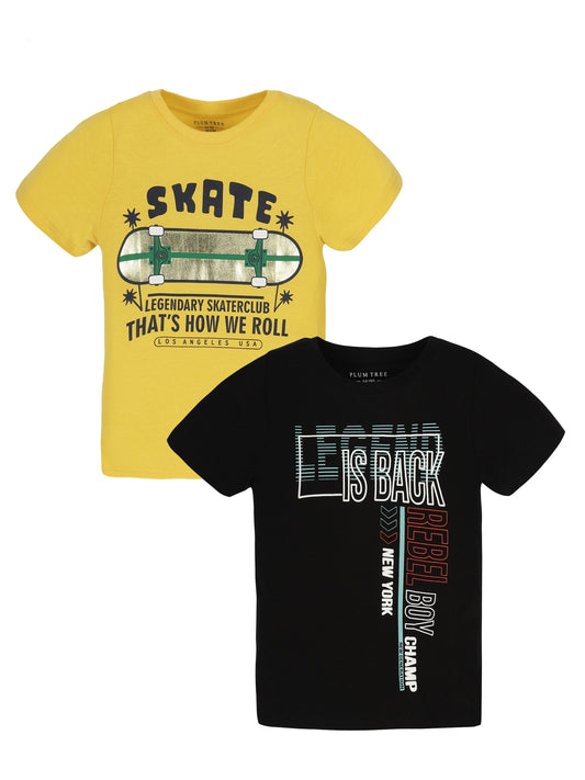 Plum Tree Boys Half Sleeve Skate Print T-shirt( Pack of 2)-BLACK  YELLOW