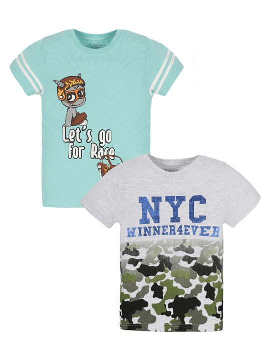 Plum Tree Boys Half Sleeve Camoflague Print T-shirt( Pack of 2)-MELANGE AQUA BLUE