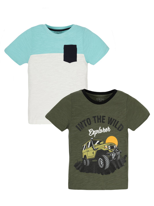 Plum Tree Boys Half Sleeve Jeep Print T-shirt( Pack of 2)-OFF WHITE OLIVE