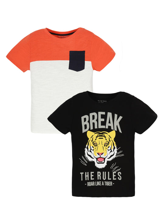 Plum Tree Boys Half Sleeve Tiger Print T-shirt( Pack of 2)-OFF WHITE BLACK