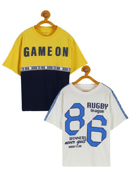 Plum Tree Boys Half Sleeve Game On Print T-shirt( Pack of 2)-OFF WHITE NAVY