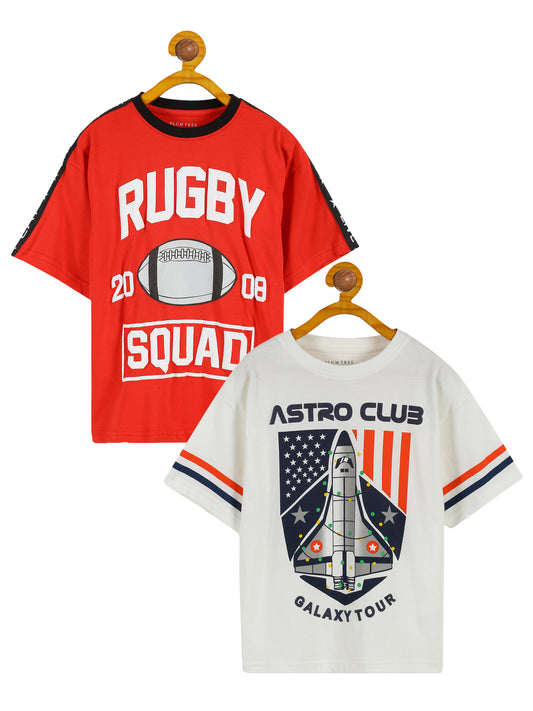 Plum Tree Boys Half Sleeve Rocket Print T-shirt( Pack of 2)-RED	OFF WHITE