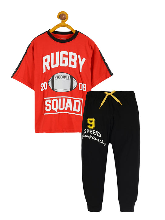 Plum Tree Boys Half Sleeve Rugby Squad Print T-shirt & Jogger ( Sets)-RED BLACK