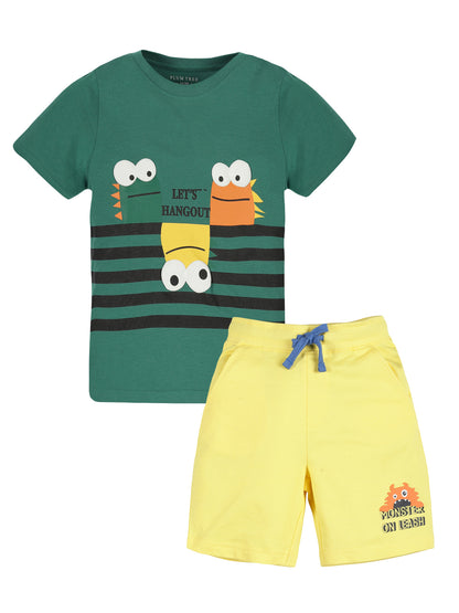 Plum Tree Boys Half Sleeve Lets Hangout Print T-shirt & Shorts ( Sets)-GREEN	YELLOW