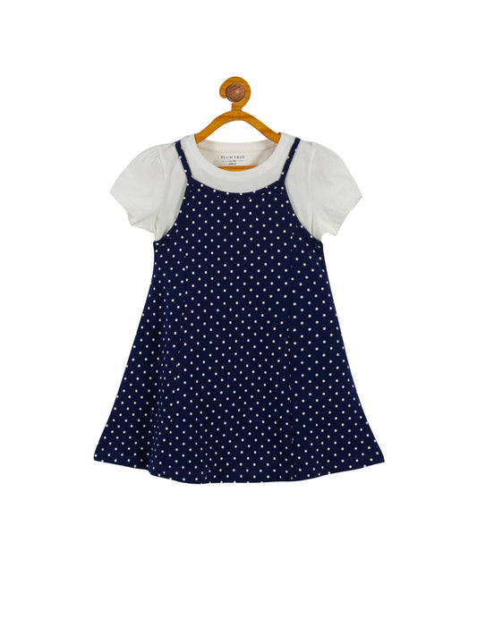 Plum Tree Girls Half Sleeve Polka Print Pinafore Dress with T-shirt( Pack of 2)-NAVY AOP WHITE
