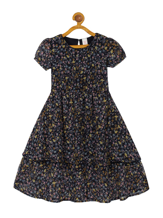 Plum Tree Girls  All over Printed Chiffon Dress-Navy