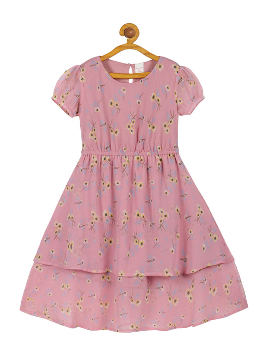 Plum Tree Girls  All over Printed Chiffon Dress-PINK