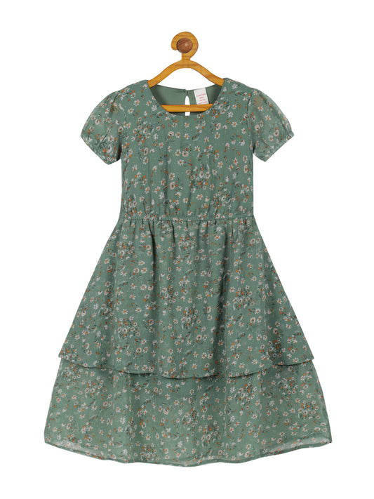 Plum Tree Girls  All over Printed Chiffon Dress-Green