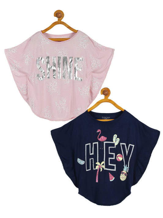 Plum Tree Girls Poncho Flower Print T-shirt( Pack of 2)-PINK NAVY