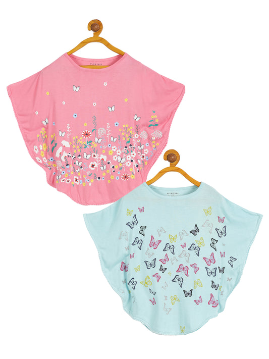 Plum Tree Girls Poncho Butterfly  Print T-shirt( Pack of 2)-AQUA	PINK