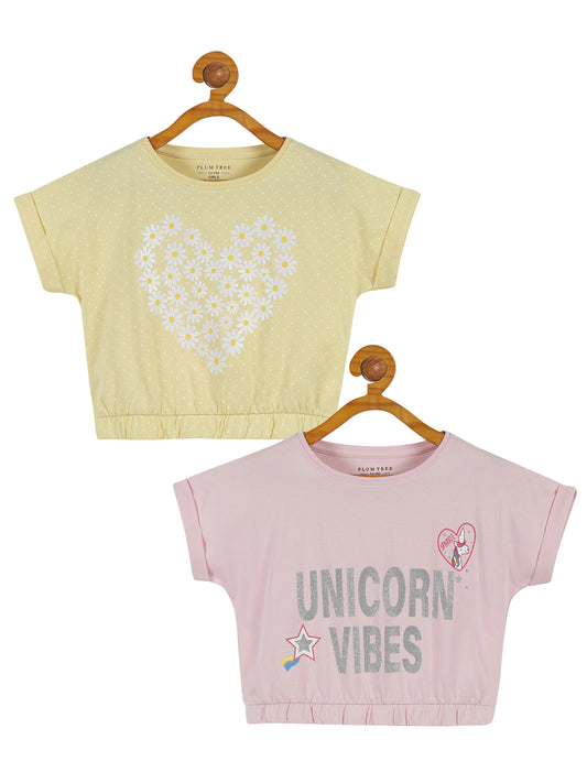 Plum Tree Girls Unicorn Print Crop Top ( Pack of 2)-YELLOW  PINK
