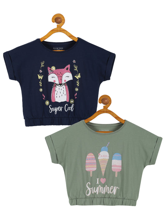 Plum Tree Girls Ice Cream Print Crop Top ( Pack of 2)-GREEN NAVY