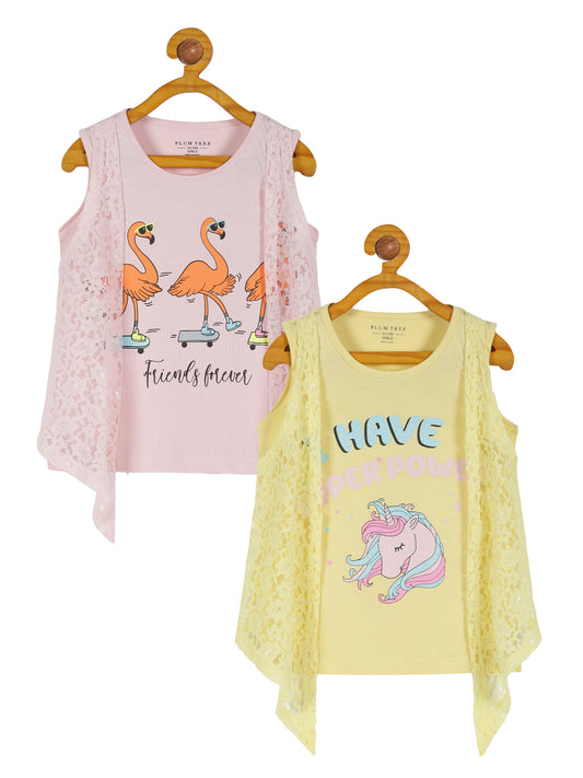 Plum Tree Girls Sleeveless Unicorn Print T-shirt with attached lace shrug( Pack of 2)-YELLOW PINK