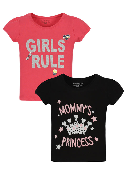 Plum Tree Girls Half sleeve Mommy's Princess Print T-shirt( Pack of 2)-BLACK DARK PINK