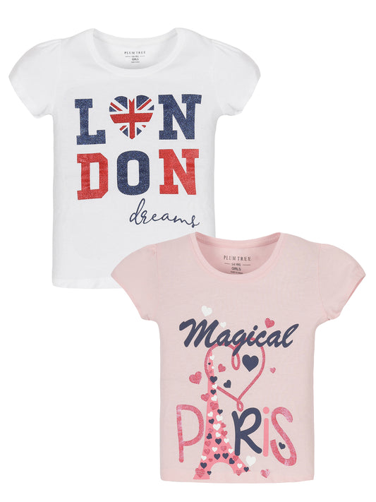 Plum Tree Girls Half sleeve London Print T-shirt( Pack of 2)-WHITE PINK