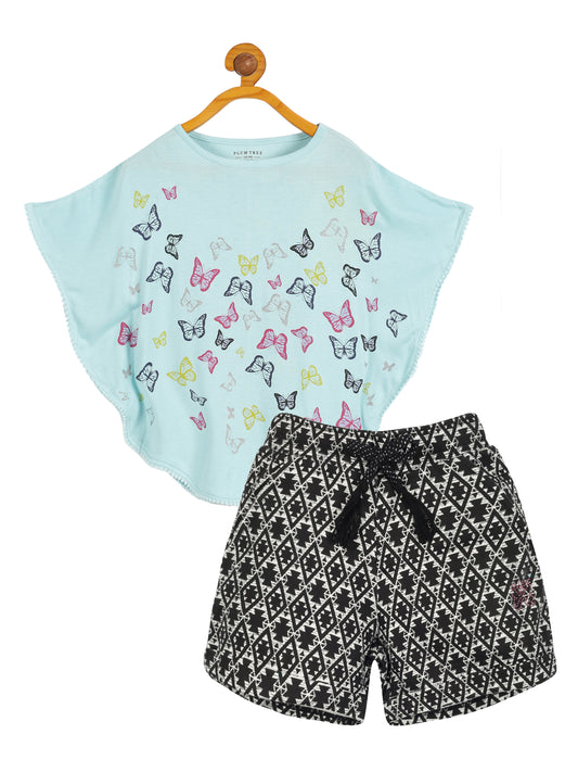 Plum Tree Girls Poncho Butterfly Print T-shirt and Short Set ( Set)-AQUA BLACK