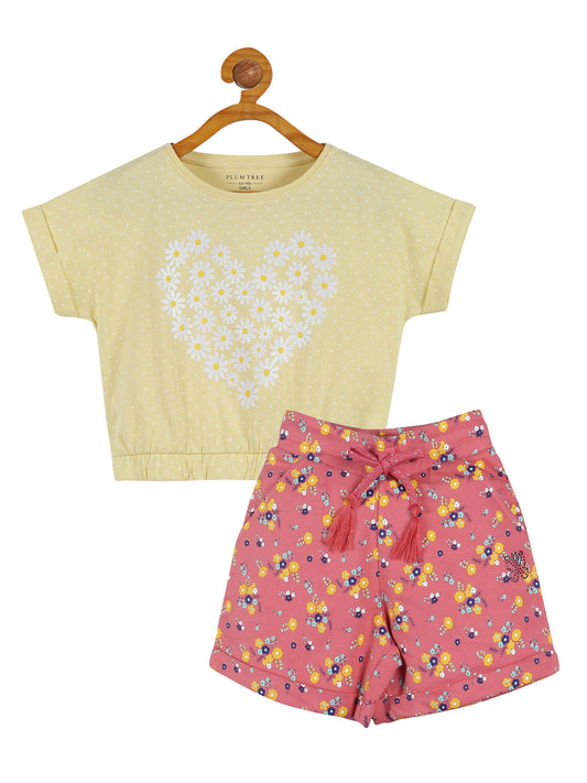 Plum Tree Girls Flower Print Crop Top and Short Set ( Set)-YELLOW ORANGE
