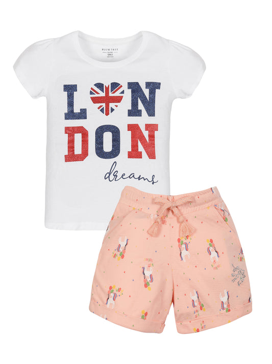 Plum Tree Girls Half Sleeve London Print T-shirt and Short Set (Set)-WHITE PEACH