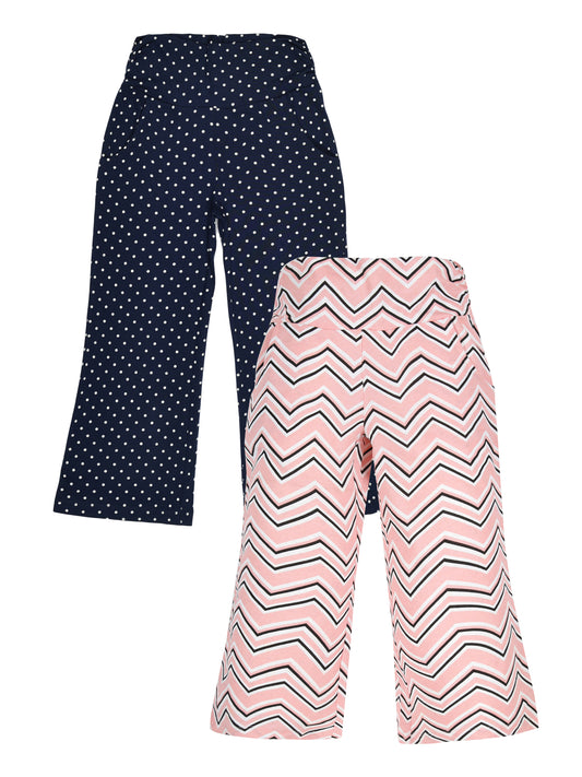 Plum Tree Girls Polka printed Flared Palazzo Pant( Pack of 2)-NAVY AOP PINK AOP