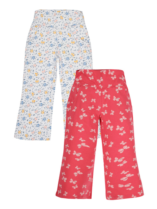 Plum Tree Girls All Over printed Flared Palazzo Pant ( Pack of 2)-PINK AOP GREY MELANGE AOP