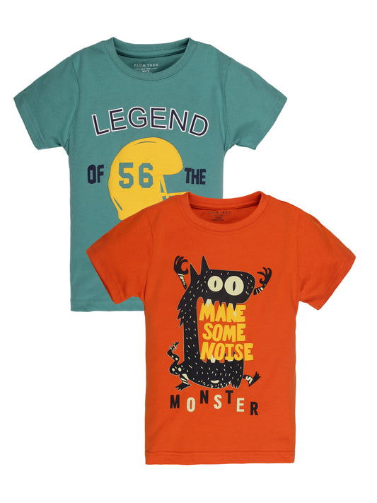 Plum Tree Boys Half Sleeve Monster Print T-shirt( Pack of 2)-GREEN 	ORANGE