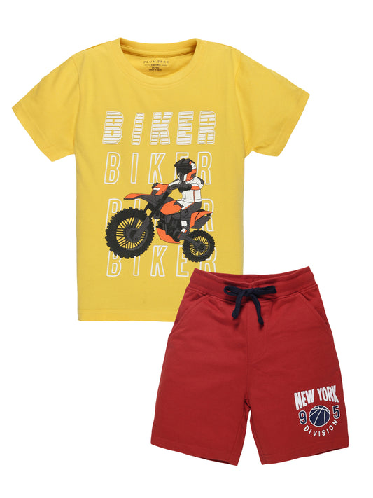 Plum Tree Boys Half Sleeve Biker Print T-shirt & Shorts ( Sets)-YELLOW RUST