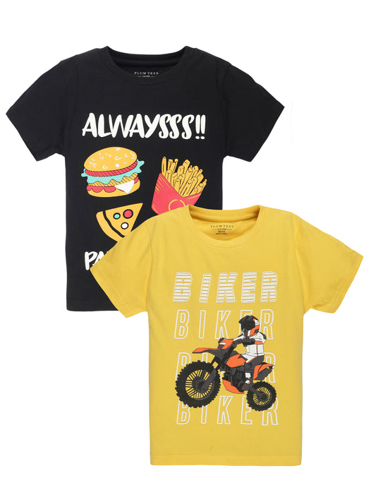 Plum Tree Boys Half Sleeve Biker Print T-shirt( Pack of 2)-YELLOW BLACK