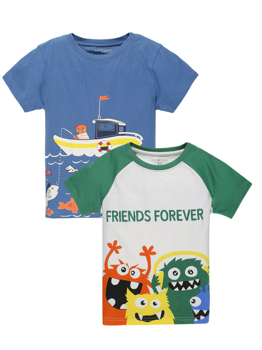 Plum Tree Boys Half Sleeve Friends Forever Print T-shirt( Pack of 2)-WHITE BLUE