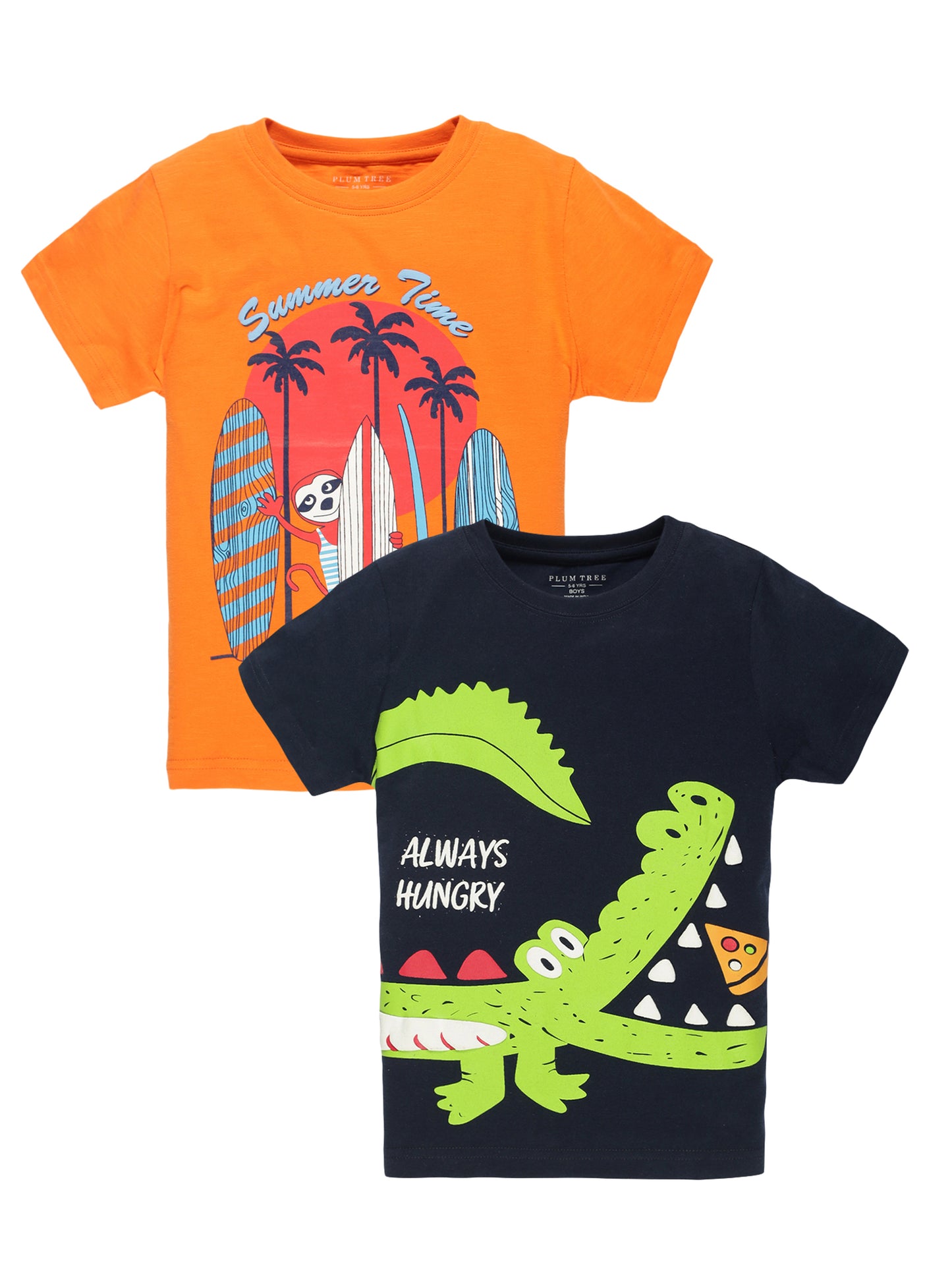 Plum Tree Boys Half Sleeve Crocodile Print T-shirt( Pack of 2)-NAVY ORANGE