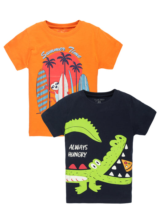 Plum Tree Boys Half Sleeve Crocodile Print T-shirt( Pack of 2)-NAVY ORANGE
