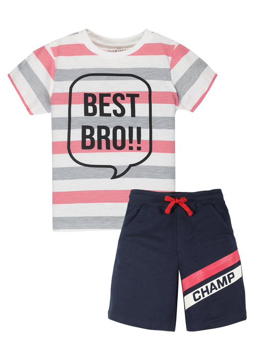Plum Tree Boys Half Sleeve Best Bro Print T-shirt & Shorts ( Sets)-STRIPER NAVY