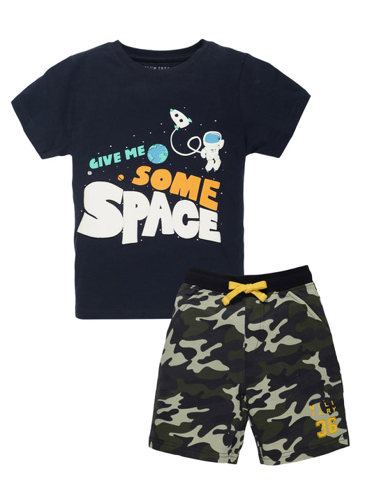 Plum Tree Boys Half Sleeve Astronaut Print T-shirt & Shorts ( Sets)-NAVY CAMOFLAGUE