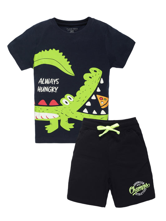 Plum Tree Boys Half Sleeve Crocodile Print T-shirt & Shorts ( Sets)-NAVY BLACK
