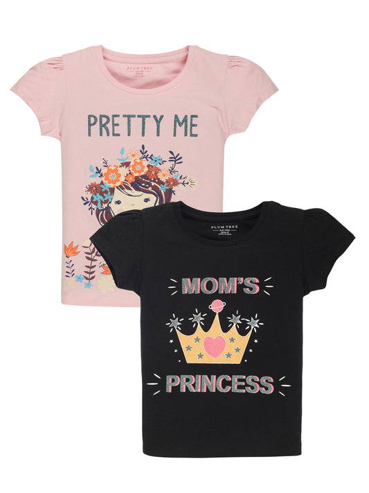 Plum Tree Girls Half Sleeve Princess Print T-shirt( Pack of 2)-BLACK	PINK