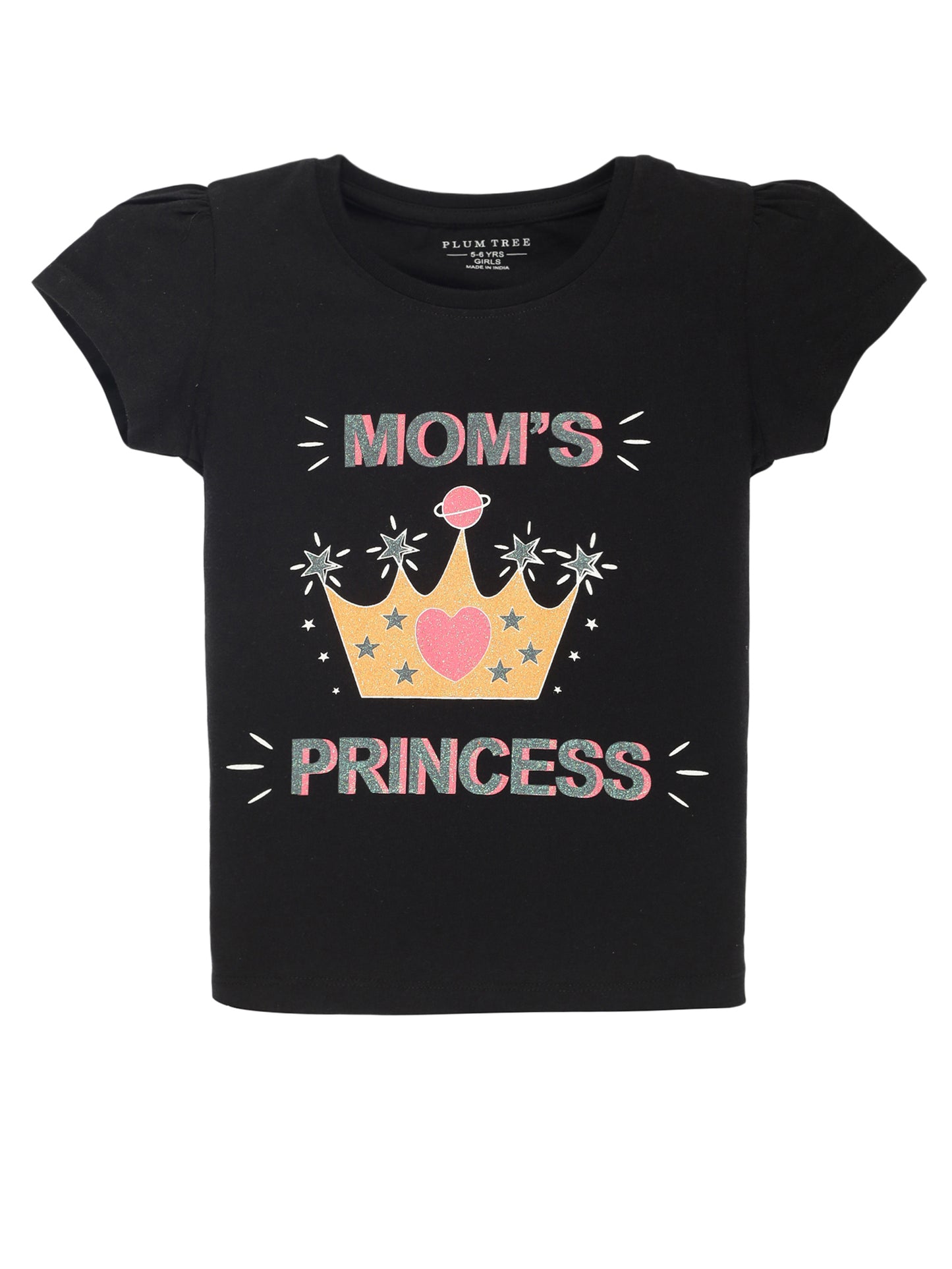 Plum Tree Girls Half Sleeve Princess Print T-shirt( Pack of 2)-BLACK	PINK