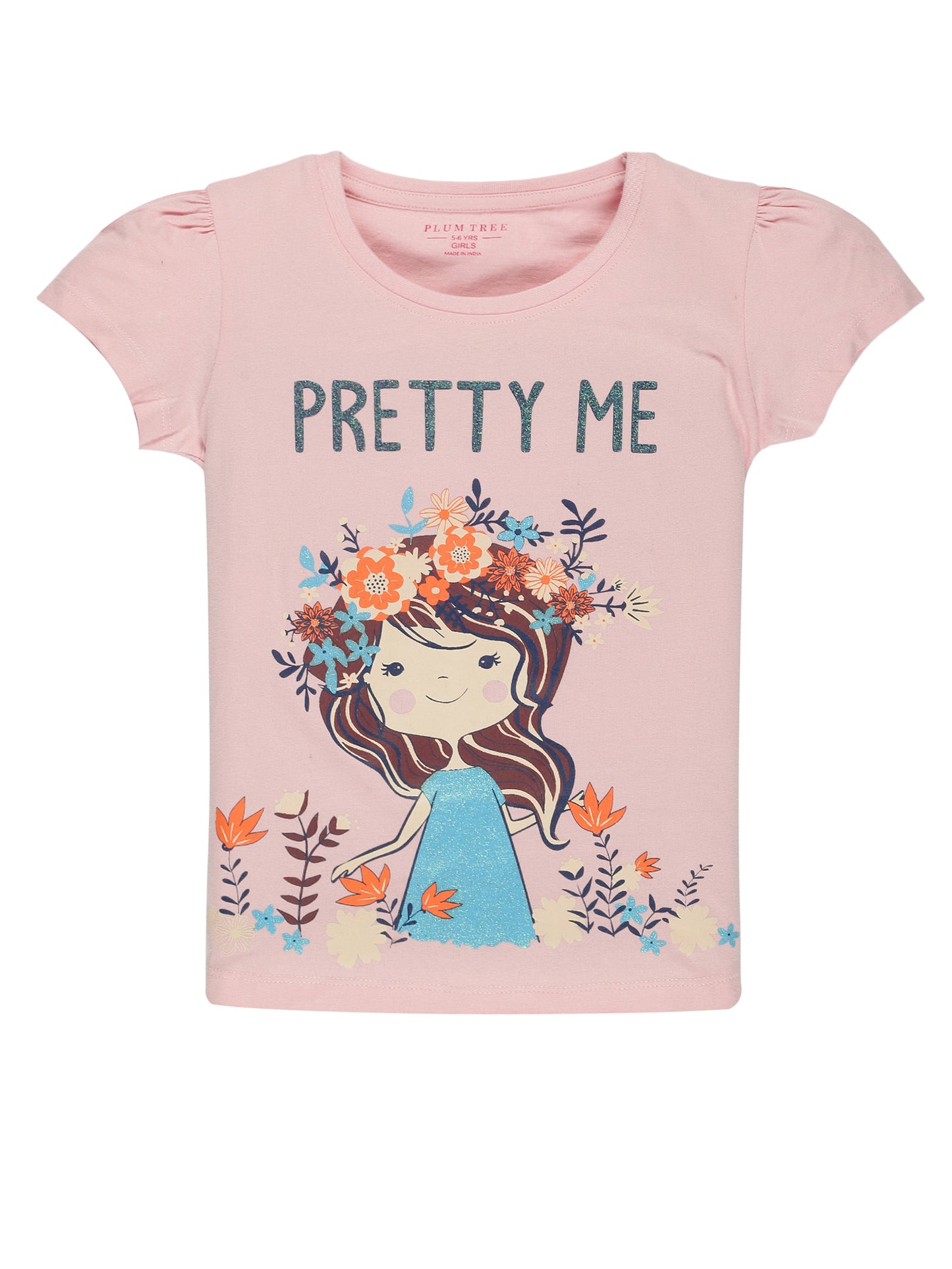 Plum Tree Girls Half Sleeve Princess Print T-shirt( Pack of 2)-BLACK	PINK