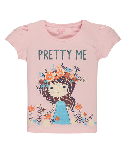 Plum Tree Girls Half Sleeve Princess Print T-shirt( Pack of 2)-BLACK	PINK