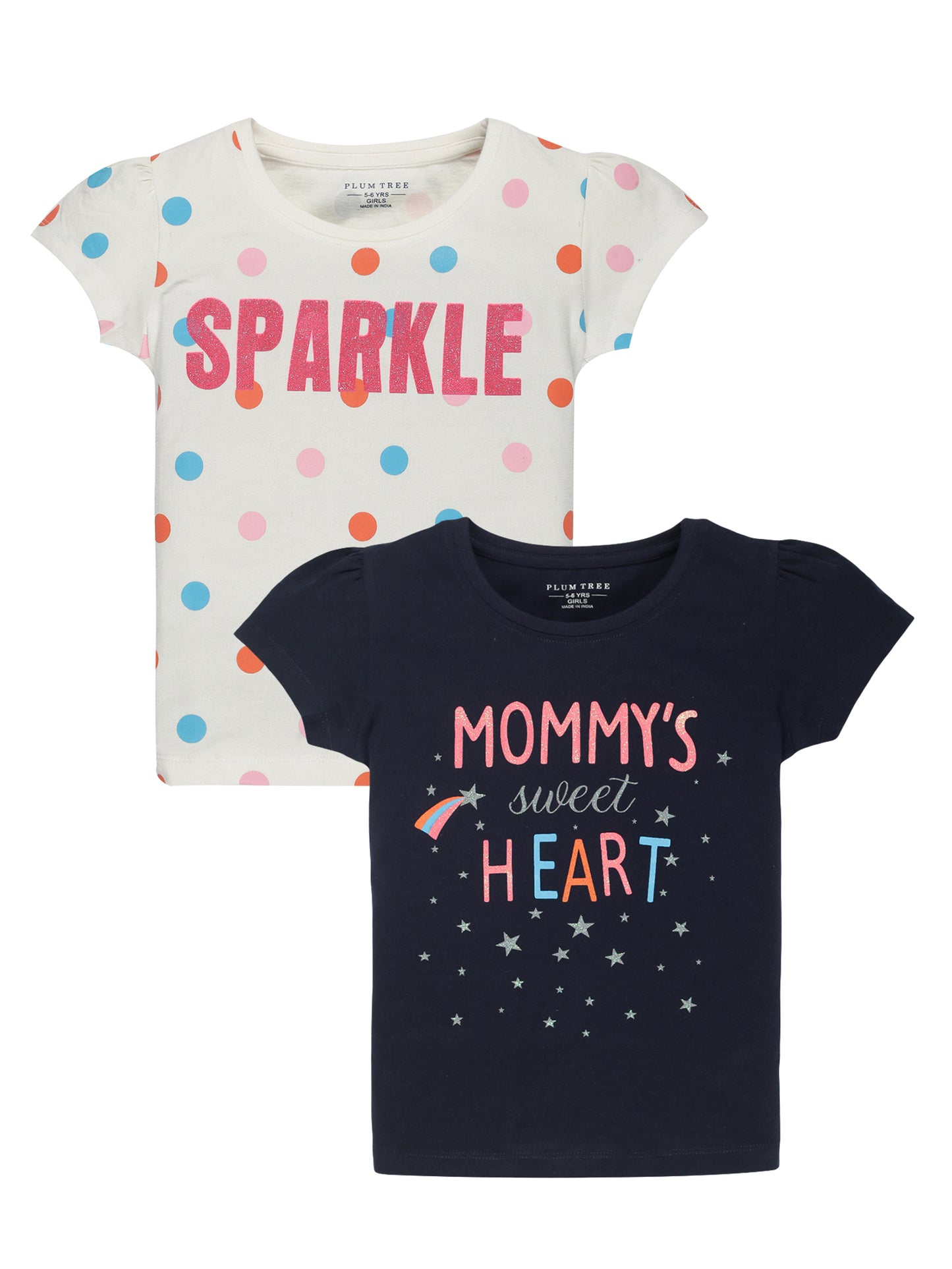 Plum Tree Girls Half Sleeve Mommy Heart Print T-shirt( Pack of 2)-NAVY	WHITE