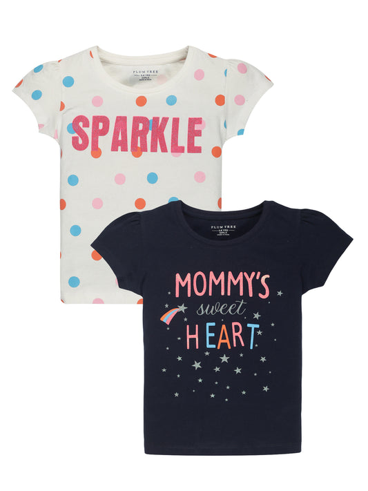 Plum Tree Girls Half Sleeve Mommy Heart Print T-shirt( Pack of 2)-NAVY	WHITE