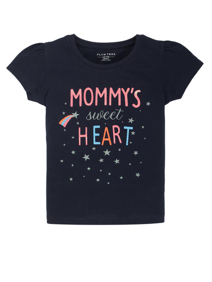 Plum Tree Girls Half Sleeve Mommy Heart Print T-shirt( Pack of 2)-NAVY	WHITE