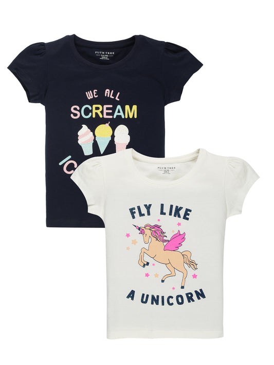 Plum Tree Girls Half Sleeve Unicorn & Icecream Print T-shirt( Pack of 2)-WHITE   NAVY