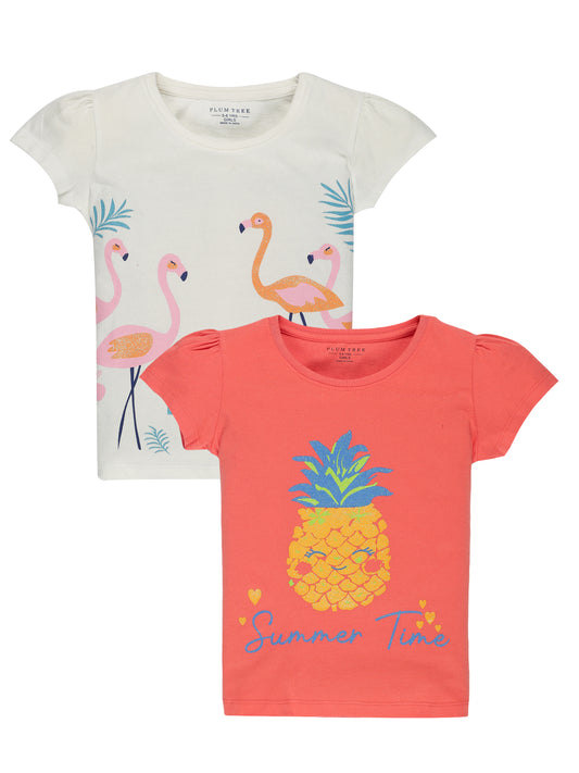 Plum Tree Girls Half Sleeve Summer Time Print T-shirt( Pack of 2)-CORAL  WHITE