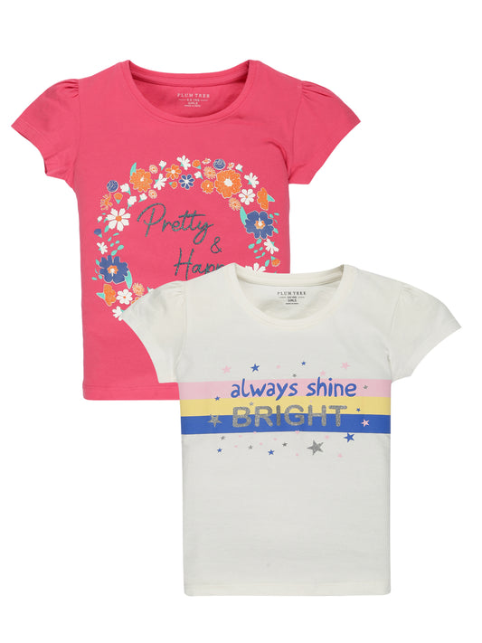 Plum Tree Girls Half Sleeve Floral Print T-shirt( Pack of 2)-WHITE   PINK
