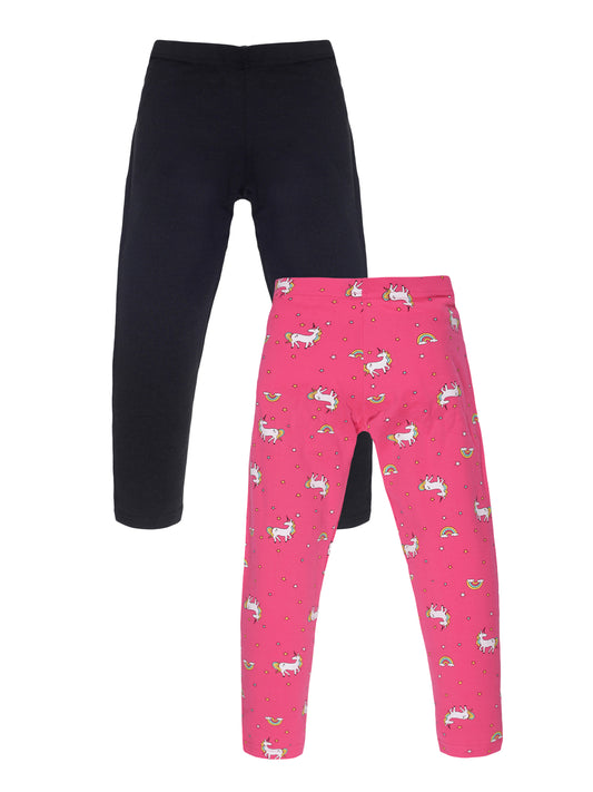 Plum Tree Girls Unicorn printed and solid Leggings( Pack of 2) -PINK	 BLACK