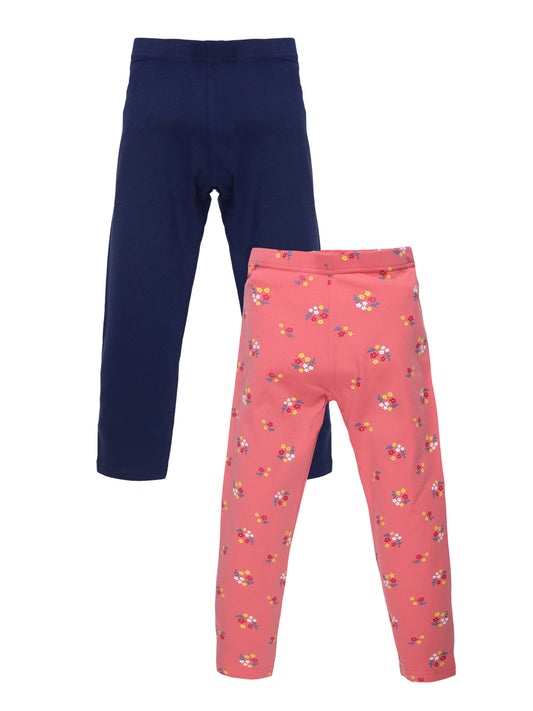 Plum Tree Girls Floral printed and solid Leggings( Pack of 2) -CORAL	NAVY